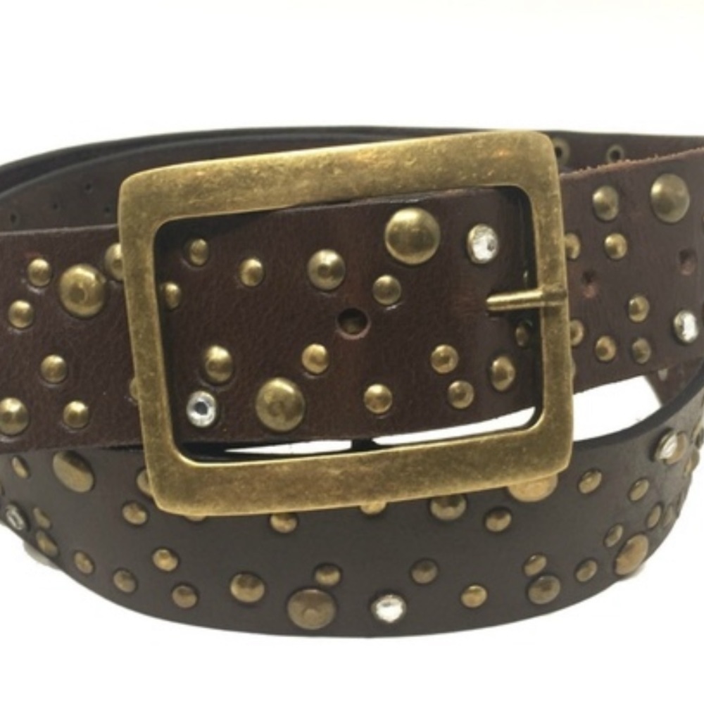 Source Unknown Brown Studded Leather Belt with Brass Buckle